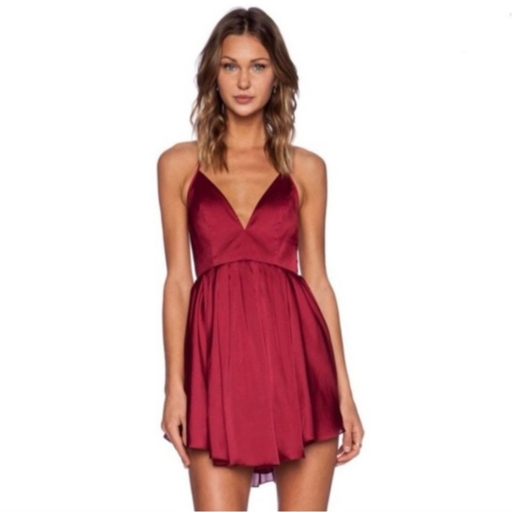 NBD Get Out Burgundy Red Satin V-Neck Mini Flare Dress Women's Medium